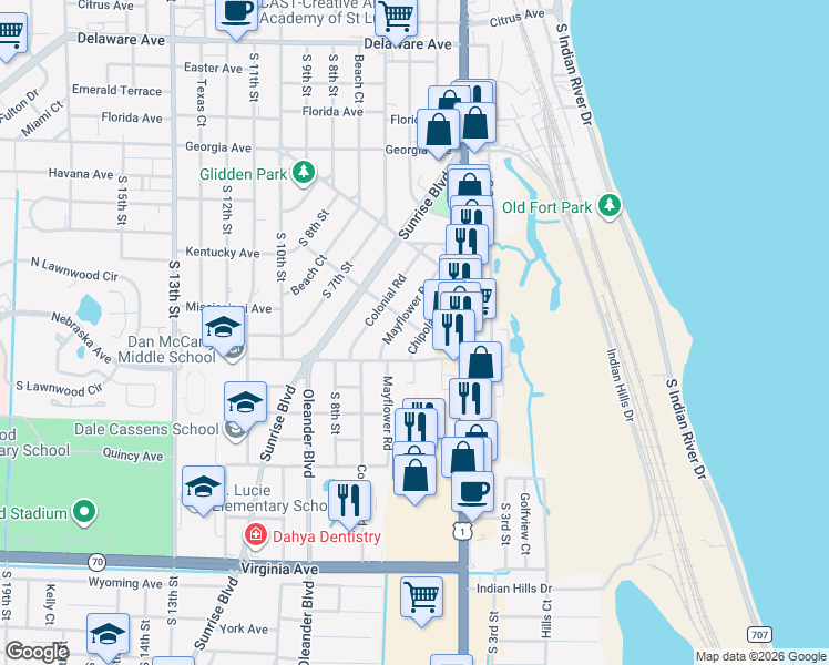 map of restaurants, bars, coffee shops, grocery stores, and more near 507 Wendell Road in Fort Pierce