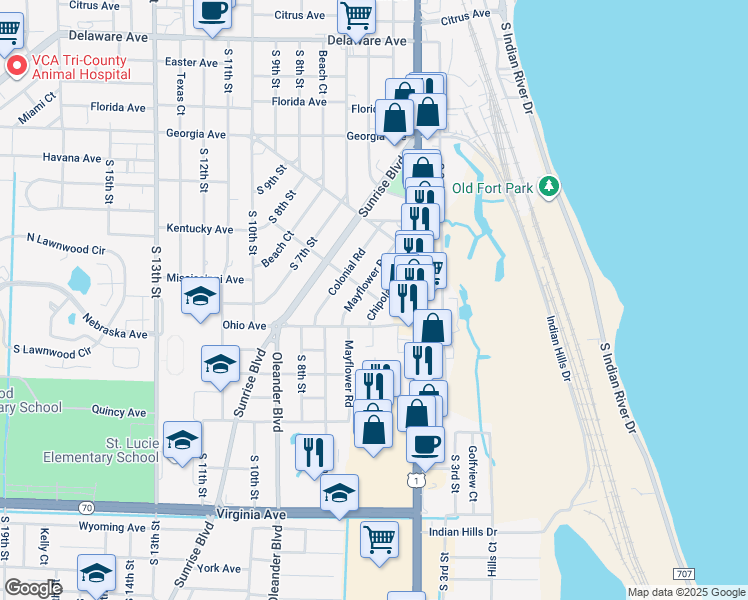 map of restaurants, bars, coffee shops, grocery stores, and more near 507 Wendell Road in Fort Pierce