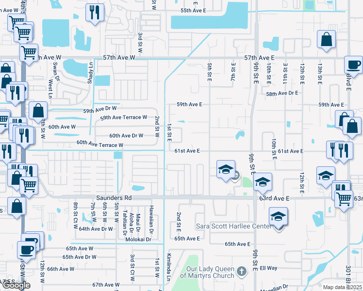 map of restaurants, bars, coffee shops, grocery stores, and more near 210 60th Avenue Drive East in Bradenton