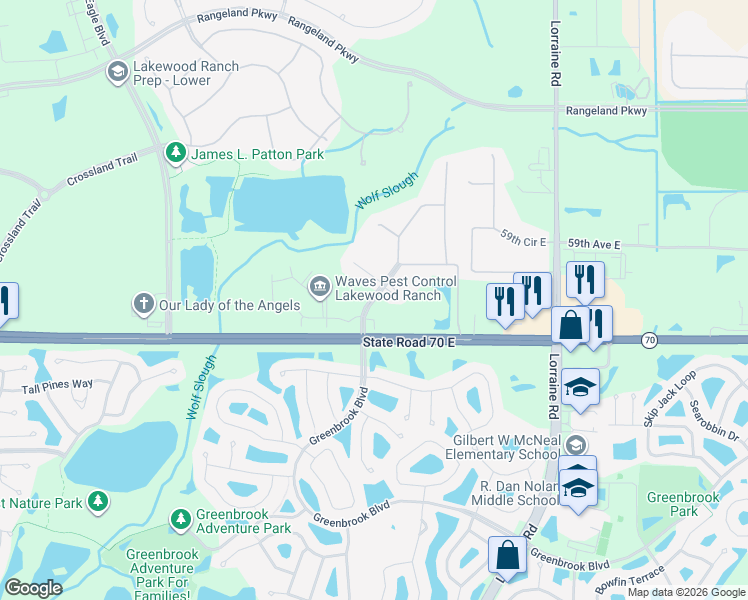 map of restaurants, bars, coffee shops, grocery stores, and more near 13910 Woodbridge Terrace in Bradenton