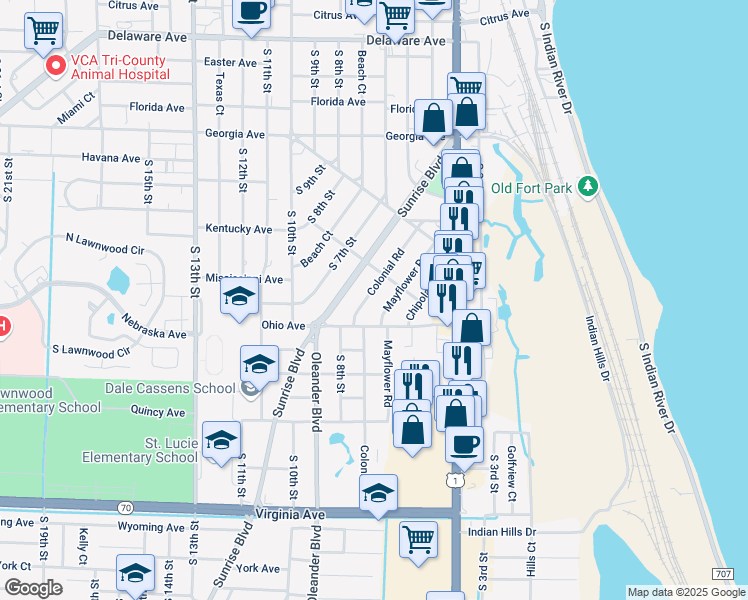map of restaurants, bars, coffee shops, grocery stores, and more near 1112 Colonial Road in Fort Pierce