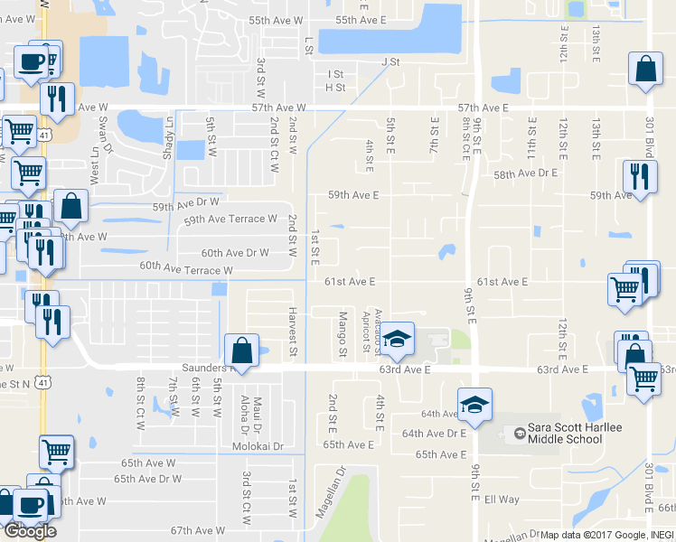 map of restaurants, bars, coffee shops, grocery stores, and more near 210 60th Avenue Drive East in Bradenton