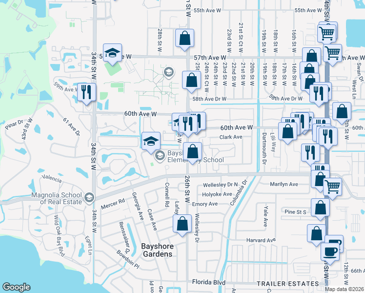 map of restaurants, bars, coffee shops, grocery stores, and more near 2715 60th Avenue Drive West in Bradenton