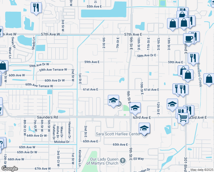 map of restaurants, bars, coffee shops, grocery stores, and more near 605 61st Avenue East in Bradenton