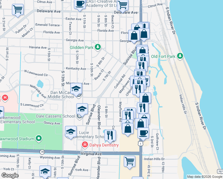 map of restaurants, bars, coffee shops, grocery stores, and more near 1112 Colonial Road in Fort Pierce