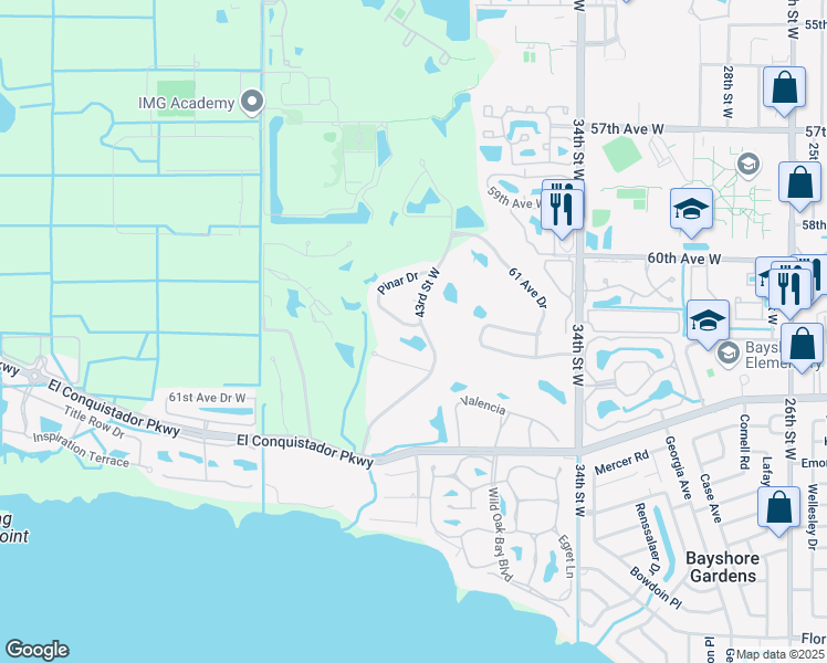 map of restaurants, bars, coffee shops, grocery stores, and more near 4137 Pinar Drive in Bradenton