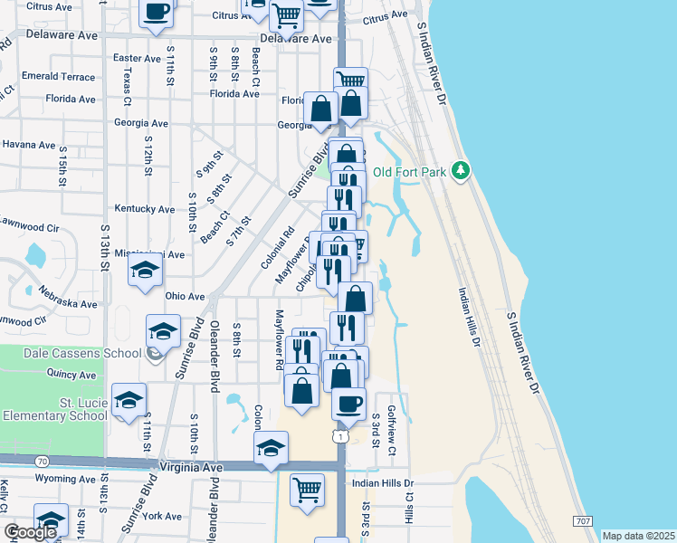 map of restaurants, bars, coffee shops, grocery stores, and more near 1409 South US Highway 1 in Fort Pierce