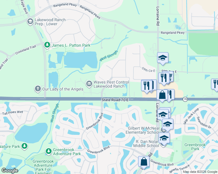 map of restaurants, bars, coffee shops, grocery stores, and more near 13910 Woodbridge Terrace in Bradenton
