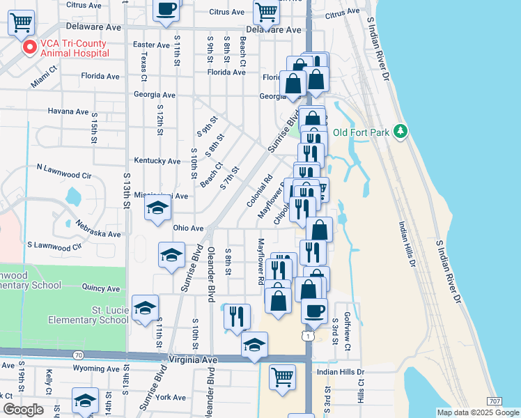 map of restaurants, bars, coffee shops, grocery stores, and more near 1112 Colonial Road in Fort Pierce