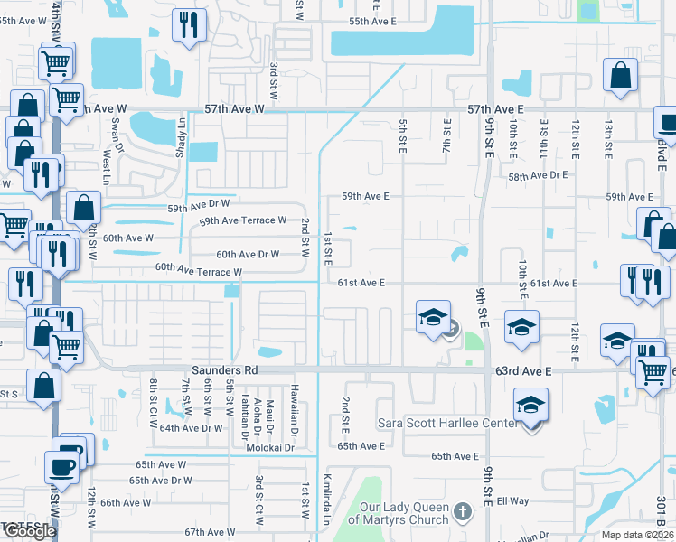 map of restaurants, bars, coffee shops, grocery stores, and more near 210 60th Avenue Drive East in Bradenton