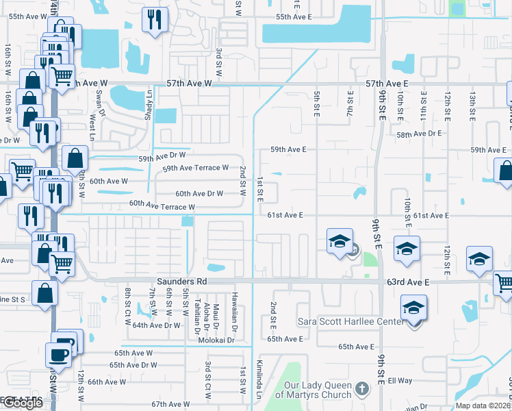 map of restaurants, bars, coffee shops, grocery stores, and more near 6028 1st Street East in Bradenton
