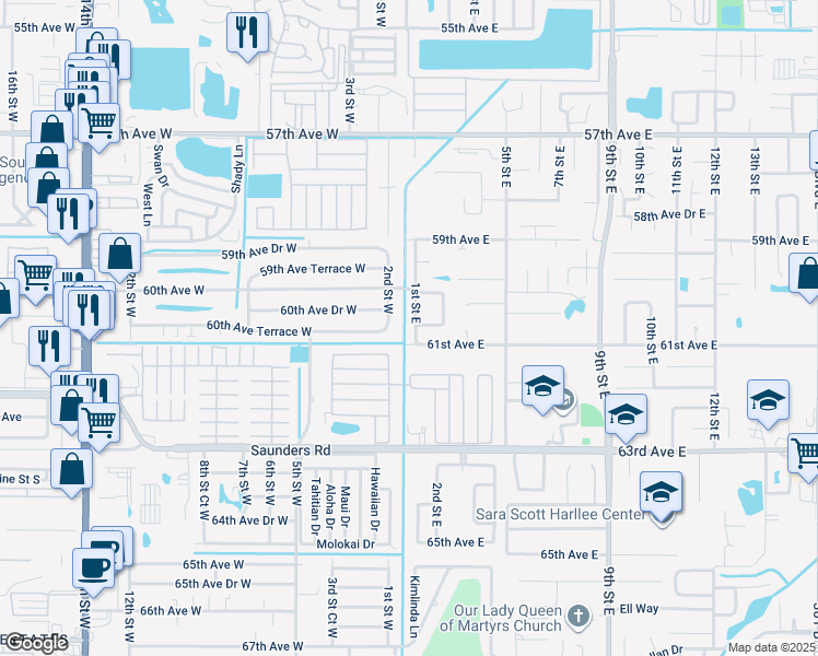 map of restaurants, bars, coffee shops, grocery stores, and more near 6028 1st Street East in Bradenton