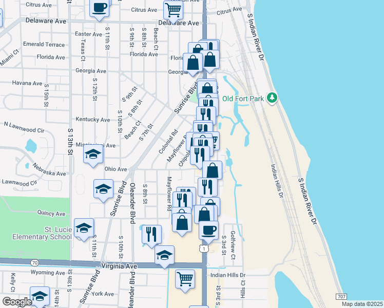 map of restaurants, bars, coffee shops, grocery stores, and more near 1409 South US Highway 1 in Fort Pierce