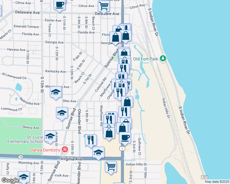 map of restaurants, bars, coffee shops, grocery stores, and more near 1409 South US Highway 1 in Fort Pierce