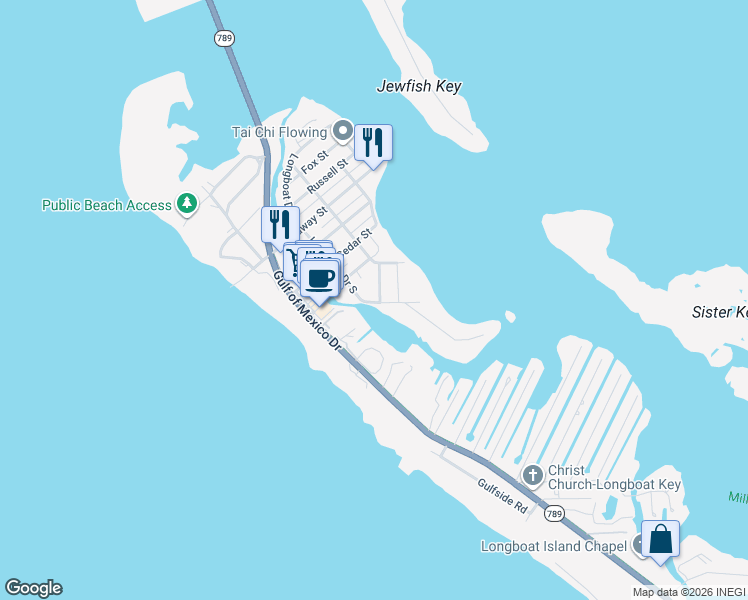 map of restaurants, bars, coffee shops, grocery stores, and more near 6809 Hughes Street in Longboat Key