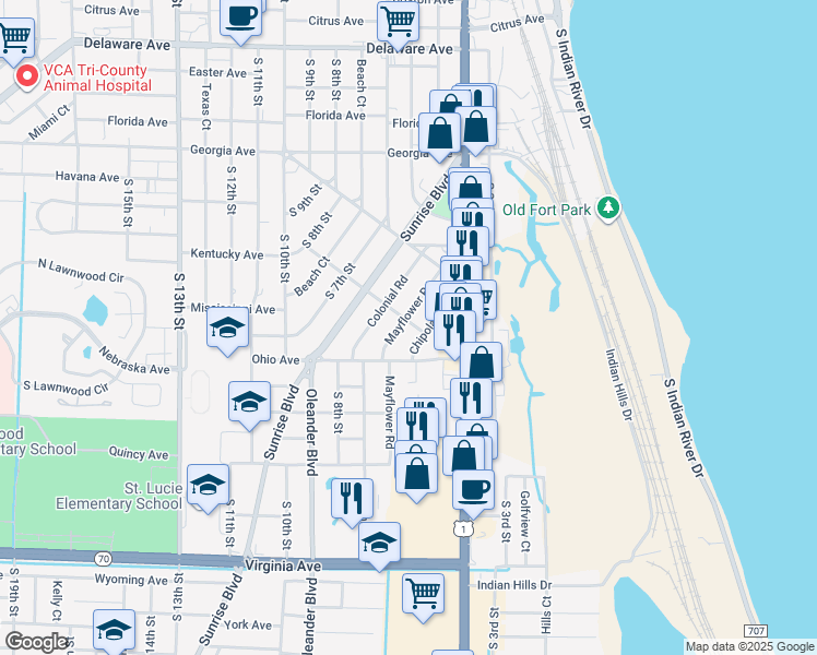 map of restaurants, bars, coffee shops, grocery stores, and more near 507 Wendell Road in Fort Pierce