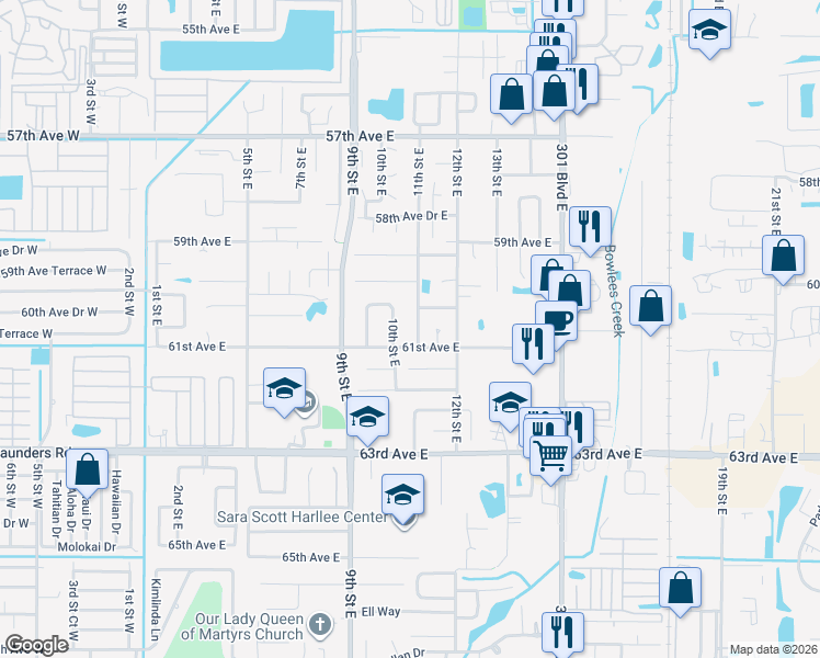map of restaurants, bars, coffee shops, grocery stores, and more near 6024 11th Street East in Bradenton
