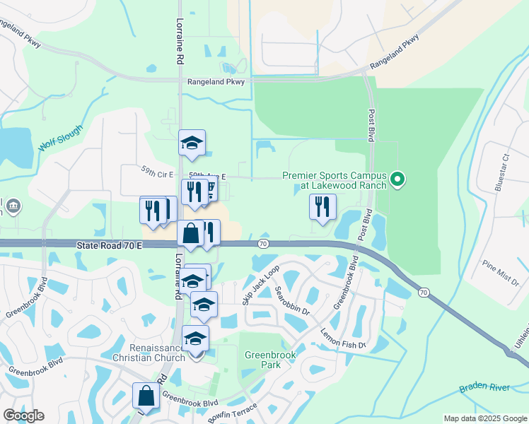 map of restaurants, bars, coffee shops, grocery stores, and more near 15210 East State Road 70 in Bradenton