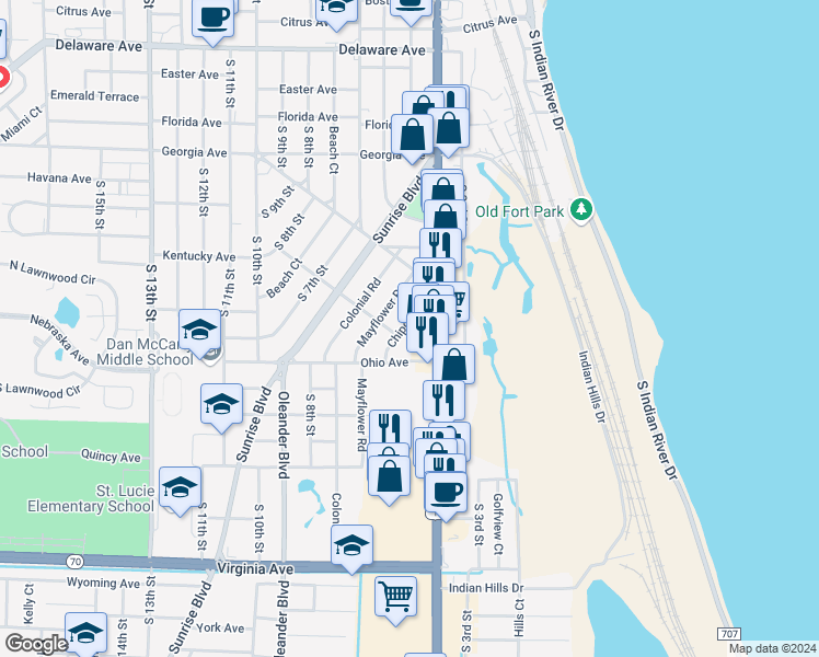 map of restaurants, bars, coffee shops, grocery stores, and more near 1409 South US Highway 1 in Fort Pierce