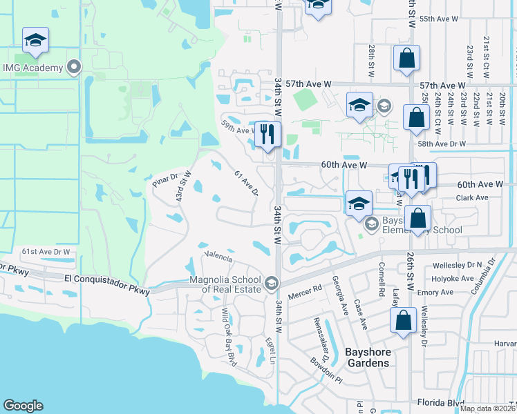map of restaurants, bars, coffee shops, grocery stores, and more near 3416 61 Avenue Drive in Bradenton