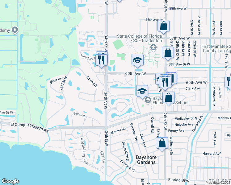 map of restaurants, bars, coffee shops, grocery stores, and more near 6033 34th Street West in Bradenton