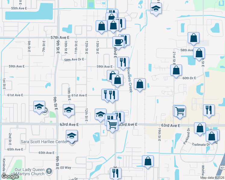 map of restaurants, bars, coffee shops, grocery stores, and more near 6031 15th Street East in Bradenton