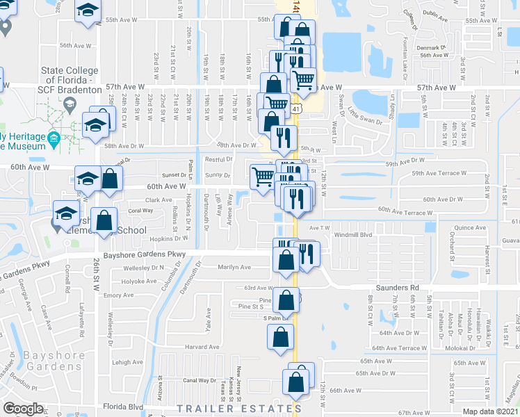 map of restaurants, bars, coffee shops, grocery stores, and more near 6094 14th Street West in Bradenton