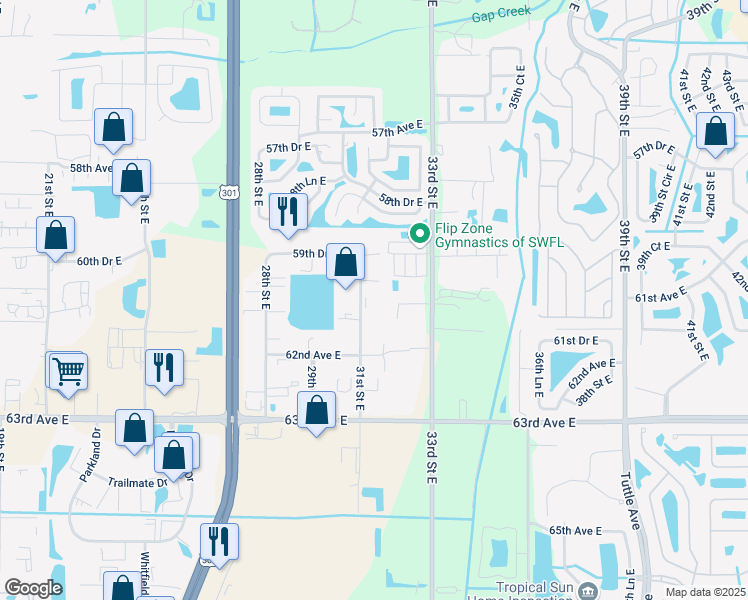 map of restaurants, bars, coffee shops, grocery stores, and more near 6011 31st Street East in Bradenton