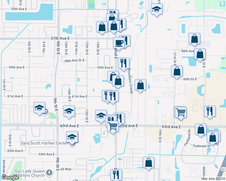 map of restaurants, bars, coffee shops, grocery stores, and more near 6031 15th Street East in Bradenton