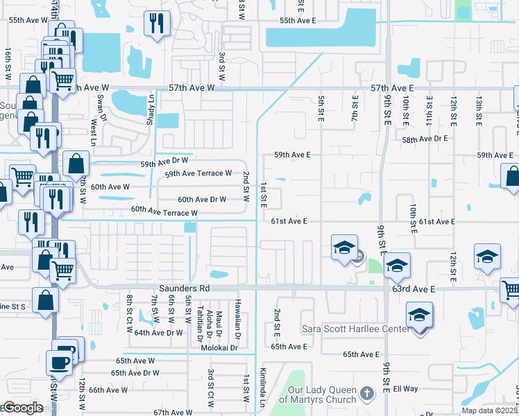 map of restaurants, bars, coffee shops, grocery stores, and more near 6028 1st Street East in Bradenton