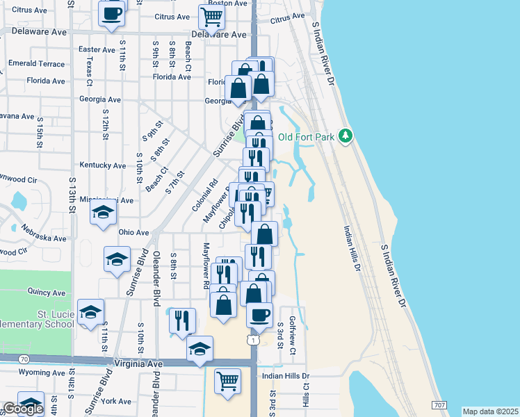 map of restaurants, bars, coffee shops, grocery stores, and more near 1150 U.S. 1 in Fort Pierce