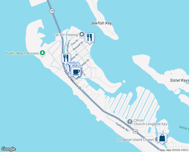 map of restaurants, bars, coffee shops, grocery stores, and more near 6809 Pine Street in Longboat Key