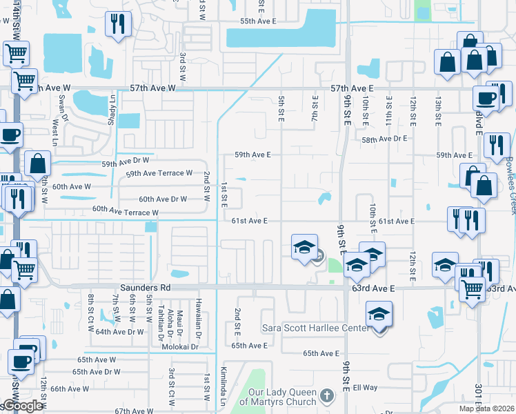 map of restaurants, bars, coffee shops, grocery stores, and more near 411 61st Avenue East in Bradenton