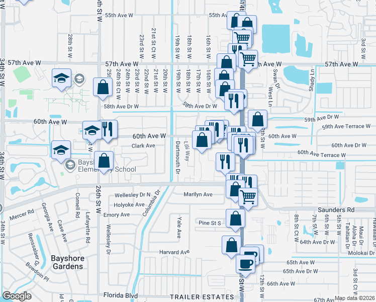 map of restaurants, bars, coffee shops, grocery stores, and more near 6034 Arlene Way in Bradenton
