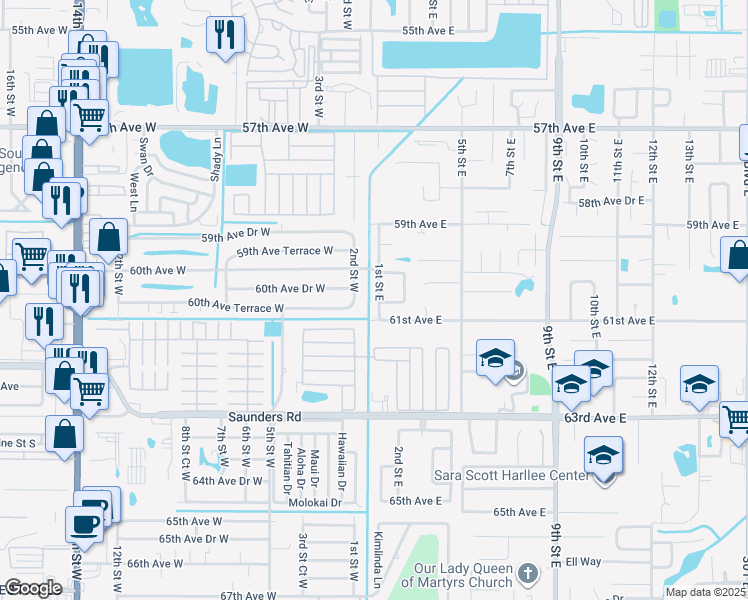 map of restaurants, bars, coffee shops, grocery stores, and more near 6028 1st Street East in Bradenton