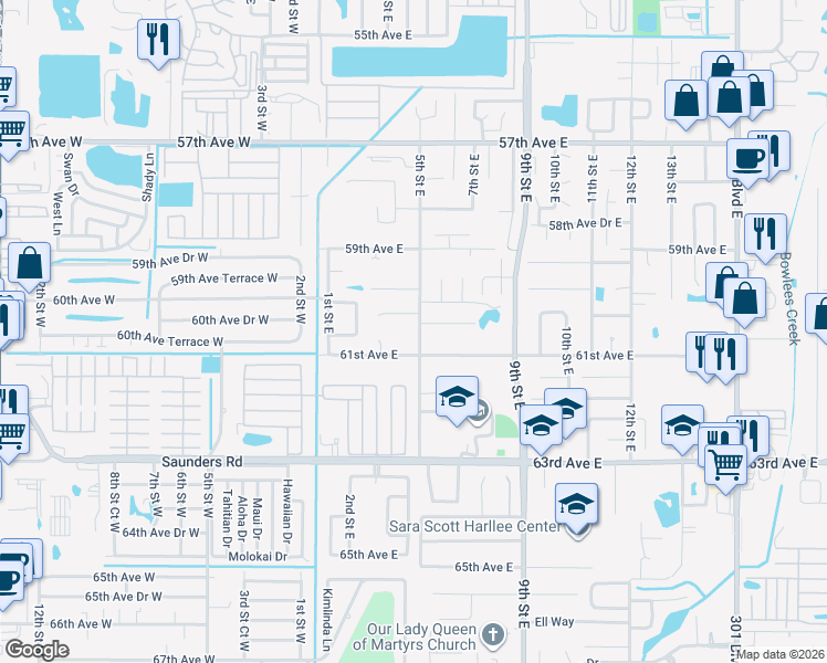 map of restaurants, bars, coffee shops, grocery stores, and more near 411 61st Avenue East in Bradenton
