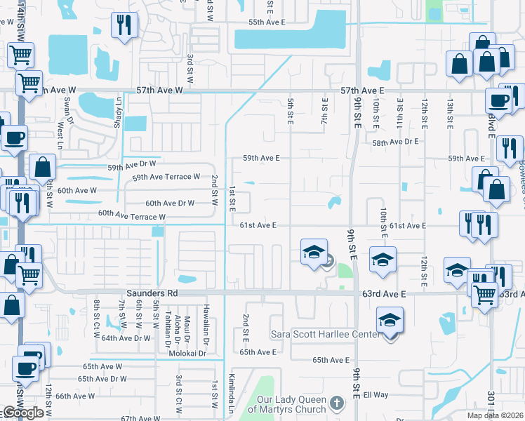 map of restaurants, bars, coffee shops, grocery stores, and more near 411 61st Avenue East in Bradenton