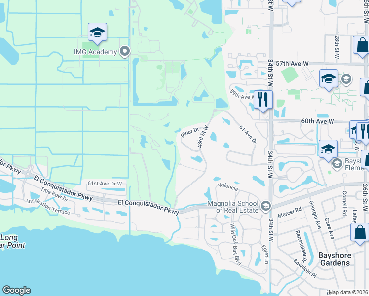 map of restaurants, bars, coffee shops, grocery stores, and more near 4123 Pinar Drive in Bradenton