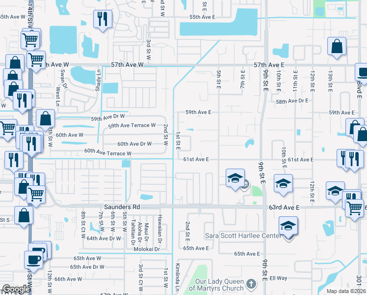 map of restaurants, bars, coffee shops, grocery stores, and more near 210 60th Avenue Drive East in Bradenton