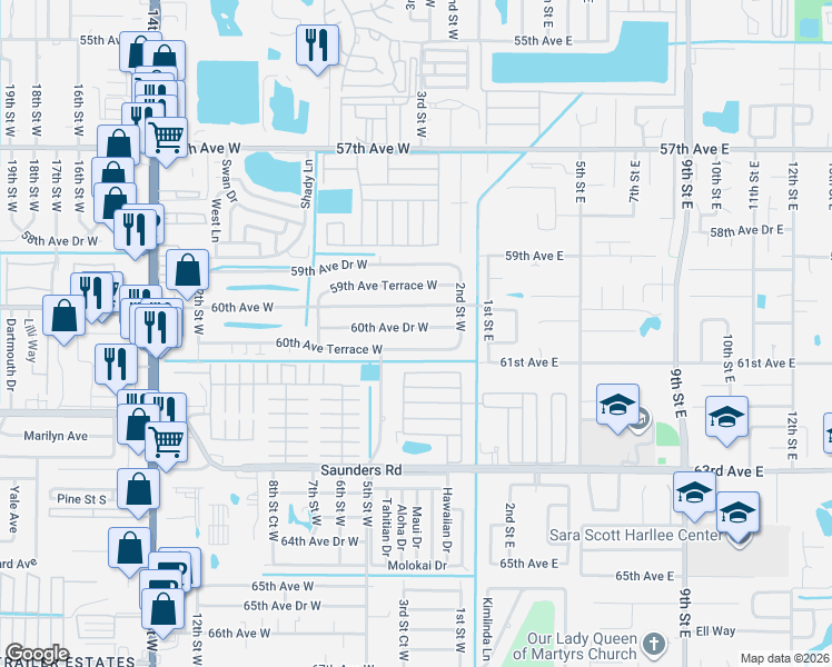 map of restaurants, bars, coffee shops, grocery stores, and more near 406 60th Avenue Terrace West in Bradenton