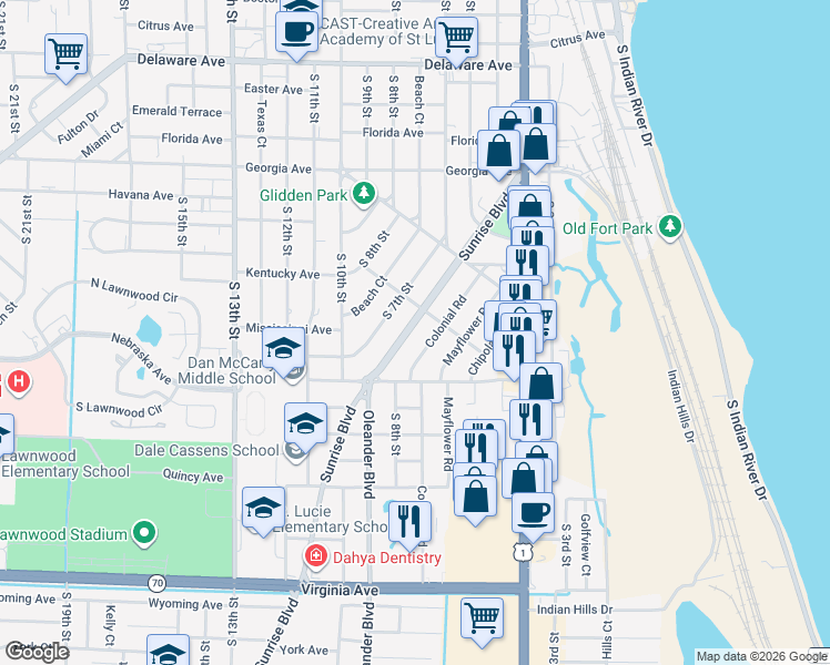 map of restaurants, bars, coffee shops, grocery stores, and more near 1110 Sunrise Boulevard in Fort Pierce