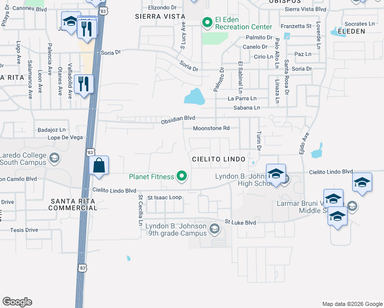 map of restaurants, bars, coffee shops, grocery stores, and more near 313 Cielito Lindo Boulevard in Laredo