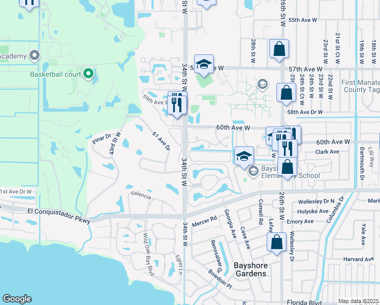 map of restaurants, bars, coffee shops, grocery stores, and more near 3400 Avenida Madera in Bradenton