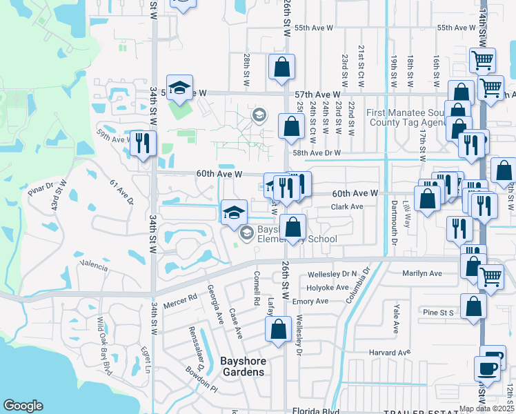 map of restaurants, bars, coffee shops, grocery stores, and more near 2803 Barnard Road in Bradenton
