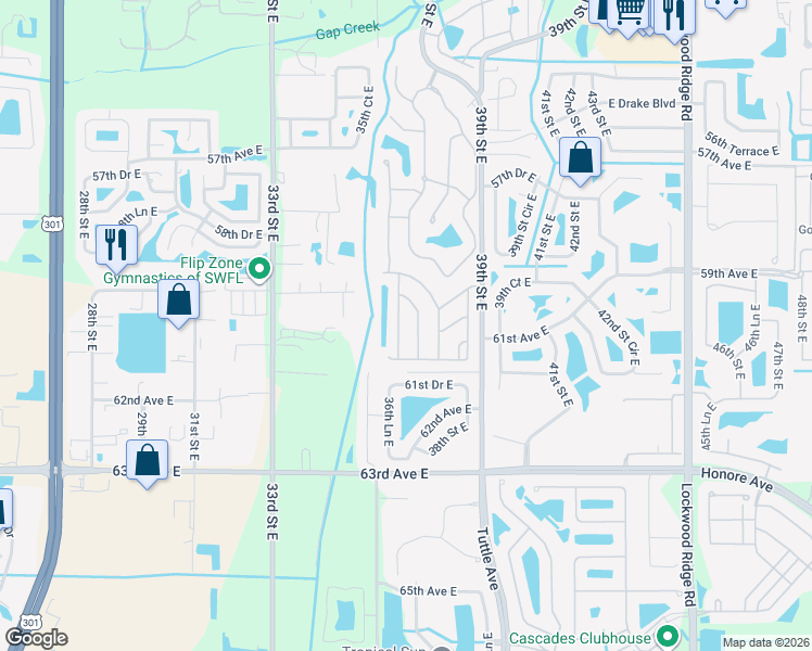 map of restaurants, bars, coffee shops, grocery stores, and more near 6024 Cedarwood Lane in Bradenton