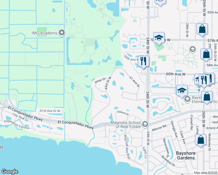 map of restaurants, bars, coffee shops, grocery stores, and more near 4137 Pinar Drive in Bradenton