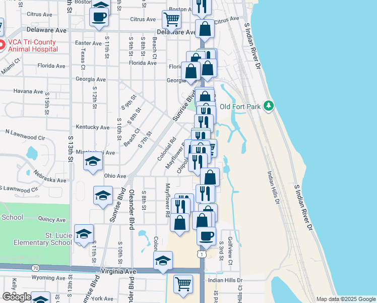 map of restaurants, bars, coffee shops, grocery stores, and more near 1101 South US Highway 1 in Fort Pierce