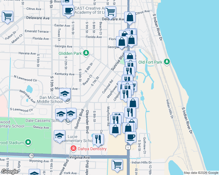 map of restaurants, bars, coffee shops, grocery stores, and more near 1010 Colonial Road in Fort Pierce