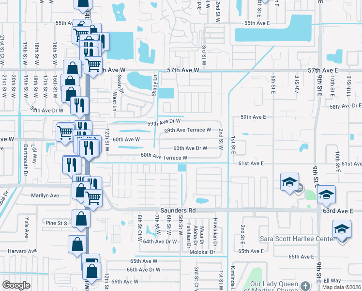 map of restaurants, bars, coffee shops, grocery stores, and more near 513 60th Avenue West in Bradenton