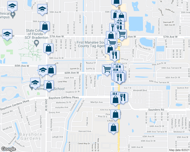 map of restaurants, bars, coffee shops, grocery stores, and more near 1827 60th Avenue West in Bradenton